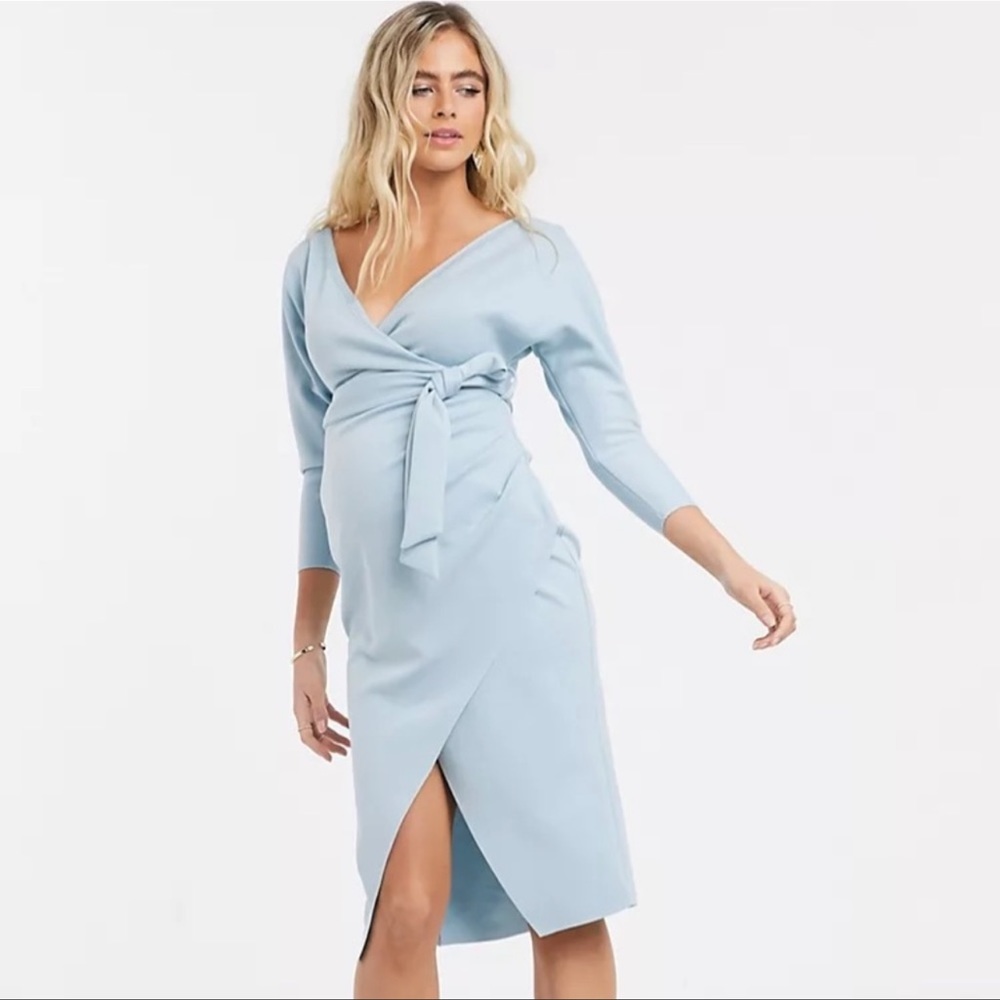 ASOS Maternity Light Blue Wrap-Front Midi Dress